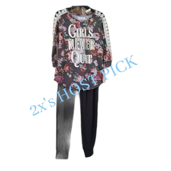 Girls 2 piece outfit, leggings with graphic & lace top 🌺🌺2X HP 🌺🌺 - Picture 4 of 7